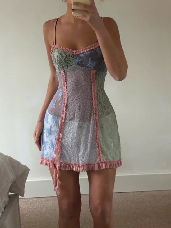 Dresses & Skirts - Pastel Lace Patchwork Slip Dress with Pink Trim